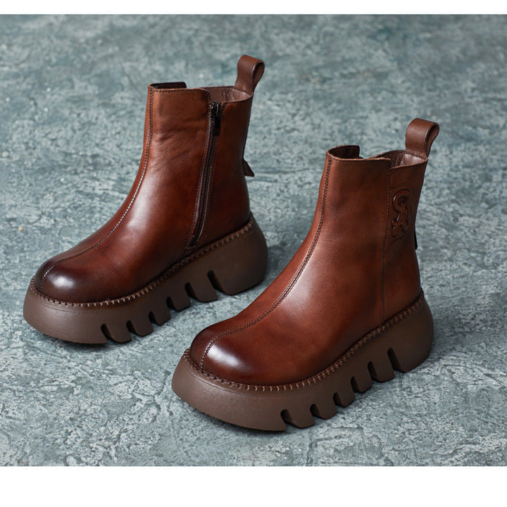 Women's Vintage Cowhide Platform Ankle Booties Round Toe Rubber Sole Winter Boots