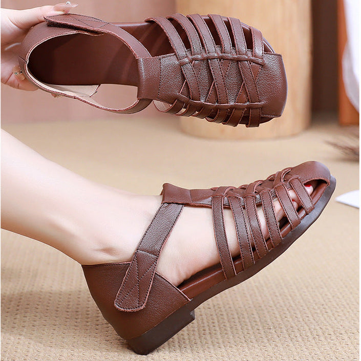 Women's Leather Fisherman Sandals Velcro Woven Summer Hollow-Out Casual Walking Flats