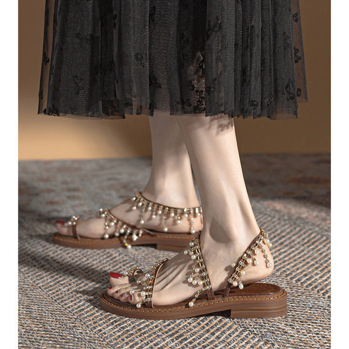 Women's Pearl Rhinestone Embellished Bohemian Flat Sandals