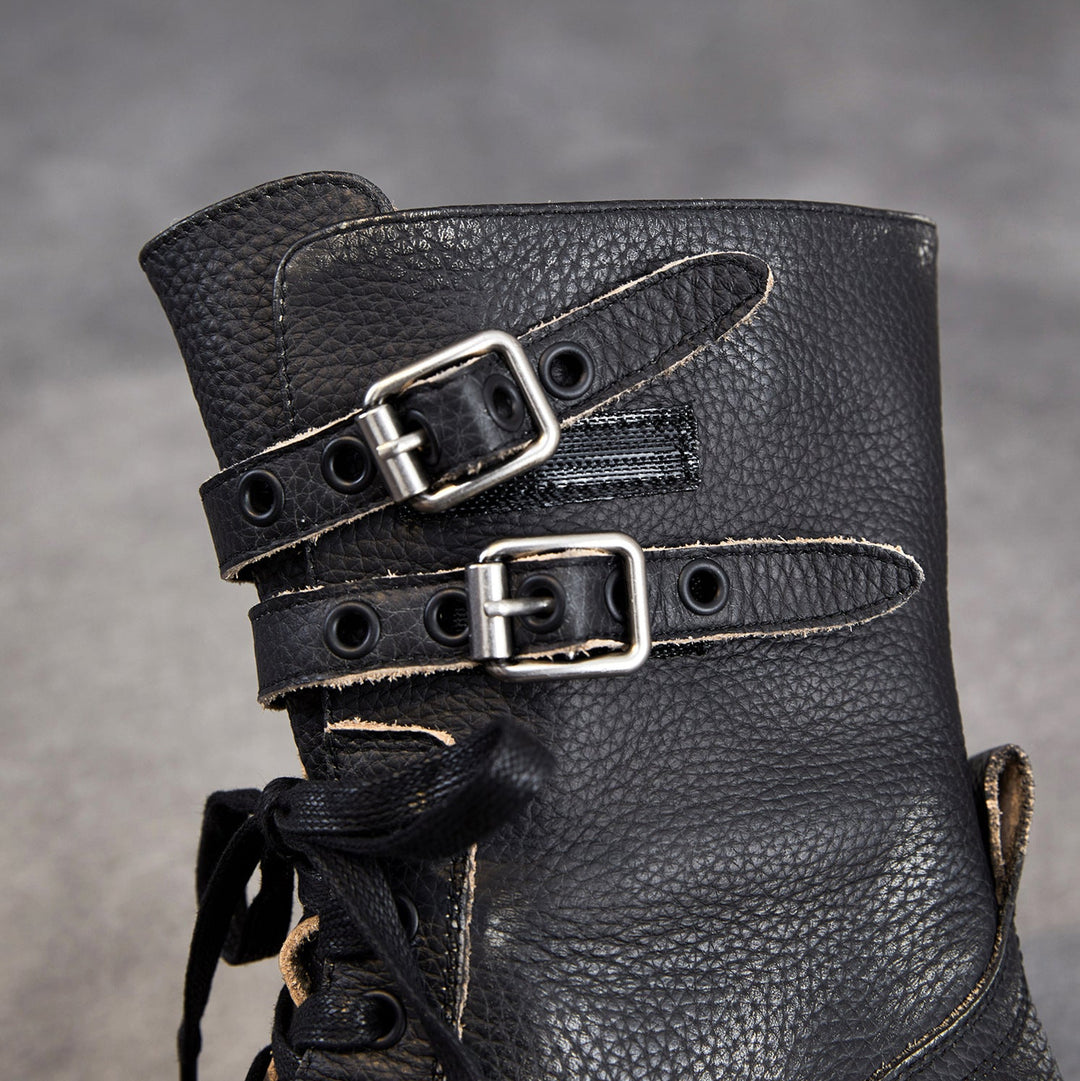 Women‘s Retro Cowhide Mid-Calf Boots Vintage Round Toe Buckle Lace-up Combat Boots