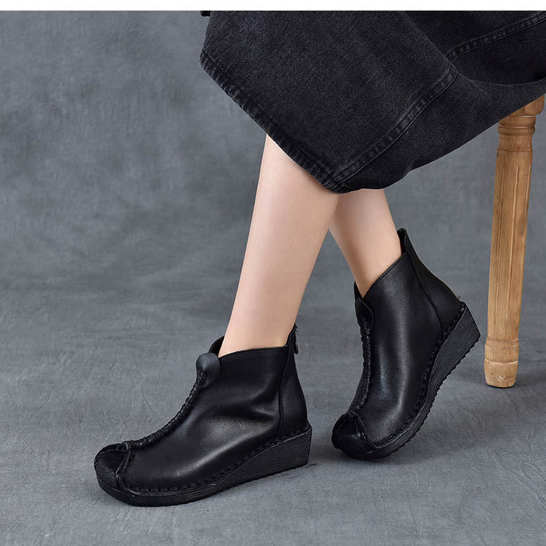 Women's Leather Ankle Boots - Vintage Wedge Low Heel Booties, Zipper Round Toe Stitching Fall Winter Shoes
