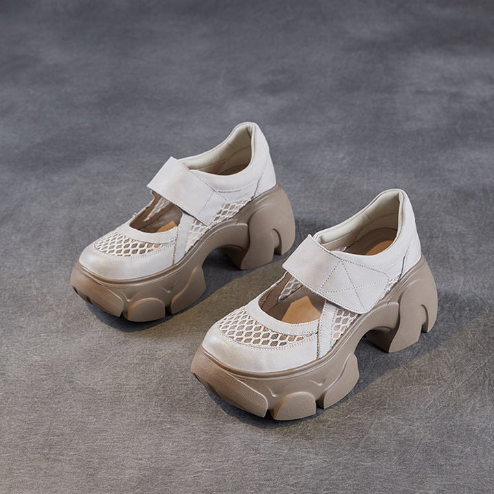 Women's Leather Platform Mary Janes - Mesh Hollow Out Breathable Closed Chunky Sole Sneakers with Velcro