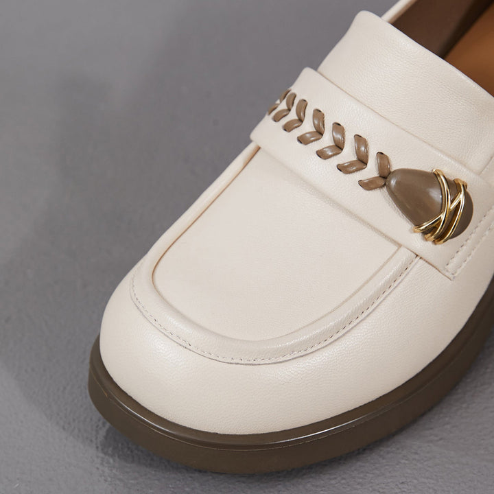 Women's Retro Sheepskin Loafers Vintage Round Toe Woven Strap Chunky Heels