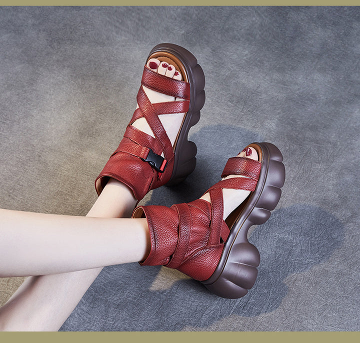 Women's Leather Sandals Boot - Platform Chunky High Heel Gladiator Booties, Elastic Strap Open Toe Summer Shoes