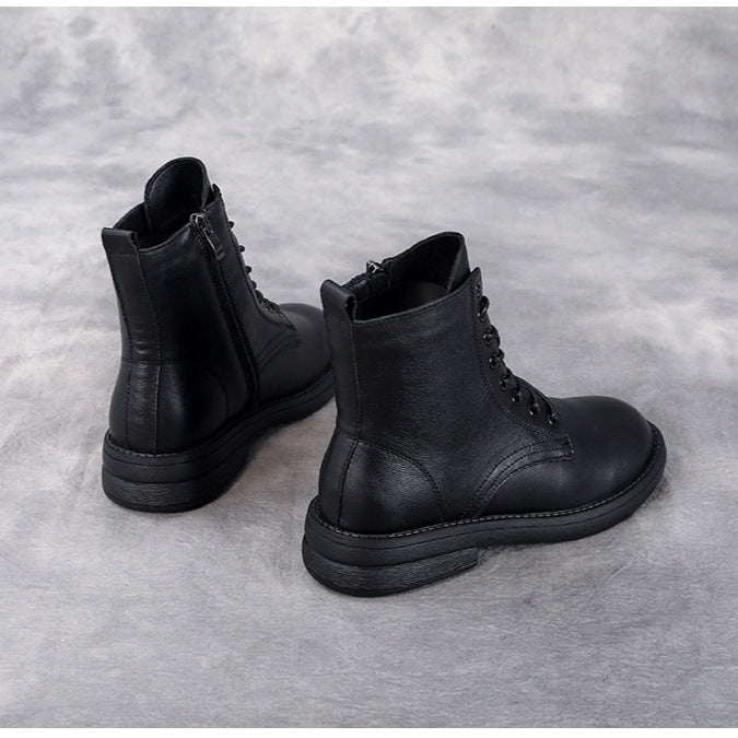 Women's Leather Casual Lace-Up Ankle Boots with Side Zipper Closure