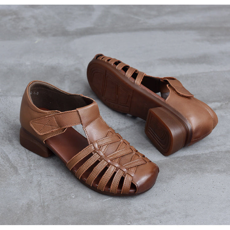 Women's Leather Fisherman Sandals - Closed Toe Woven Strappy Gladiator Sandals Low Block Heel