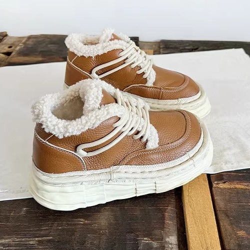 Women's Winter Chunky Leather Lace-Up Shoes – Fleece-Lined & Ugly-Cute Design