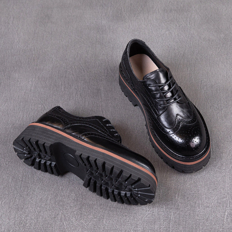 Women's British Style Brogue Oxfords - Genuine Leather with Chunky Sole