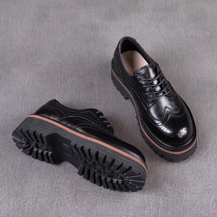 Women's British Style Brogue Oxfords - Genuine Leather with Chunky Sole
