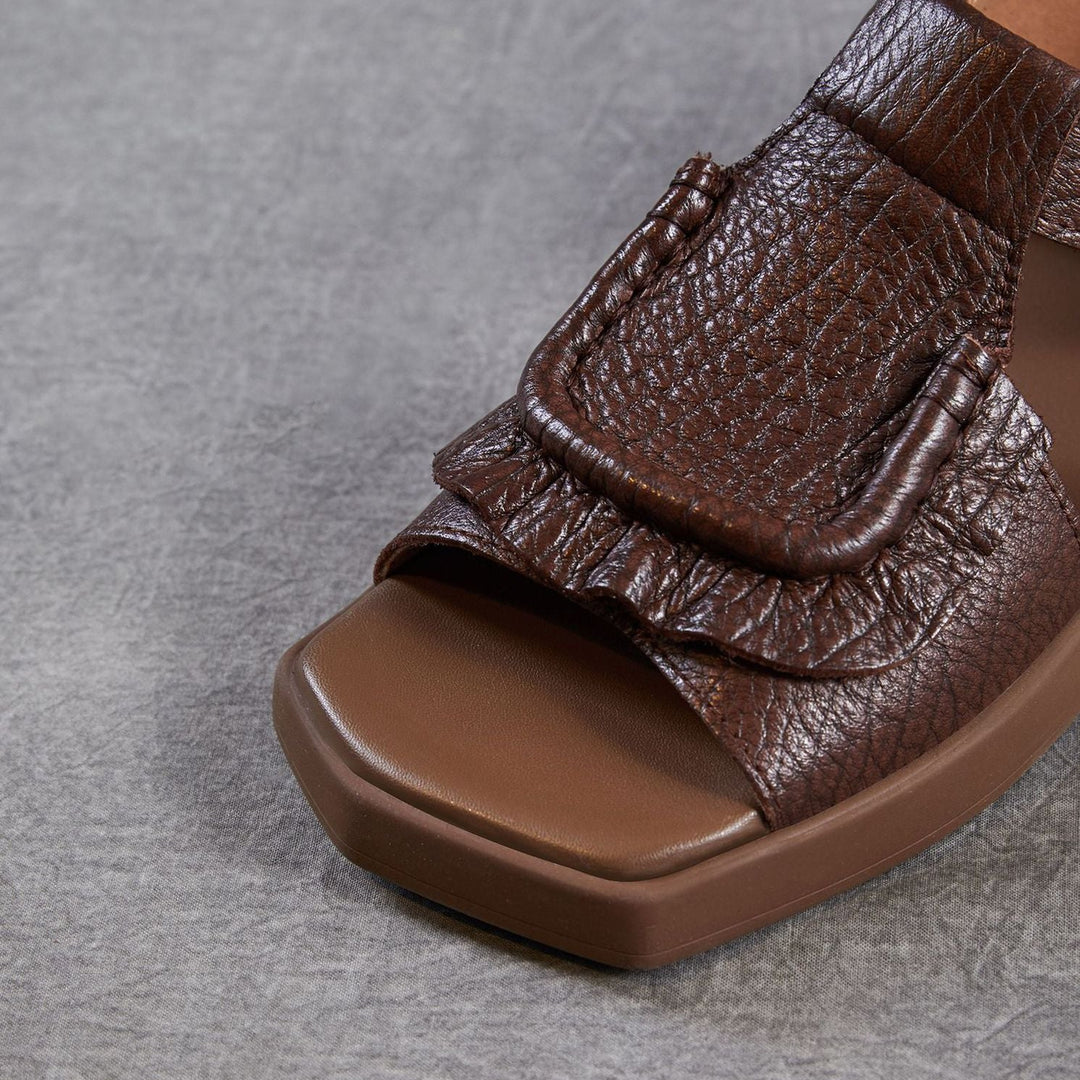 Women's Square Toe Platform Sandals Open Toe Retro Velcro Leather Ruffled Casual Summer Flats