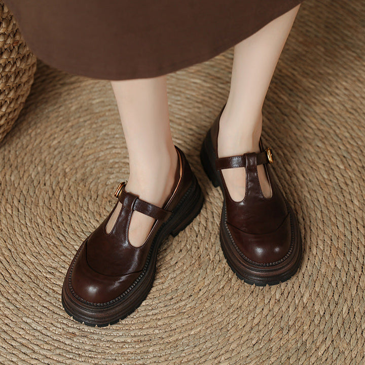 T-Buckle Platform Leather Comfortable Low Heel Women's Shoes