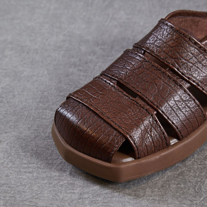 Women's Leather Mules - Multi-Strap Woven Closed Flat Sandals Casual Summer Slip-On Slides