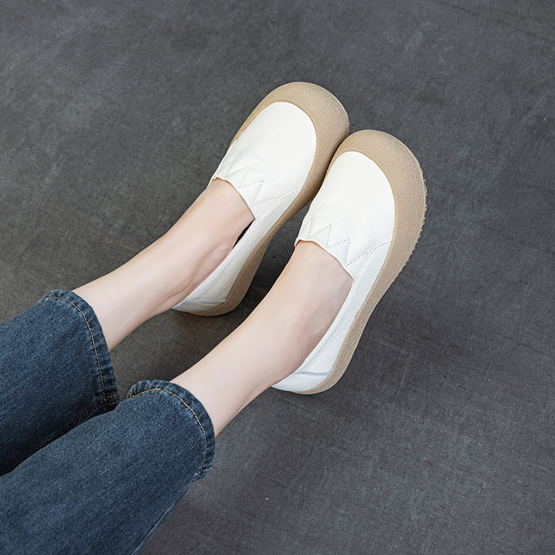 Womens Casual Leather Slip-on Loafers Closed Toe Platform Walking Shoes Anti-Collision