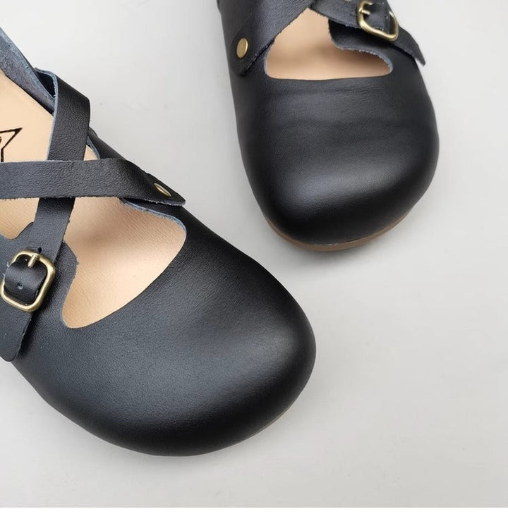 Women's Hidden Wedge Heel Shoes - Handmade Vintage Style with Cross Strap Buckle
