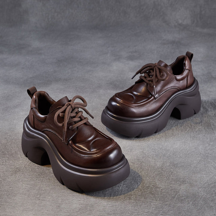Women's Platform Genuine Leather Oxfords High Chunky Heel Lace Up Casual Shoes