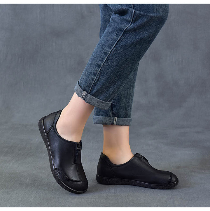 Women's Vintage Leather Slip-On Flats Front Zipper Soft Sole Driving Shoes