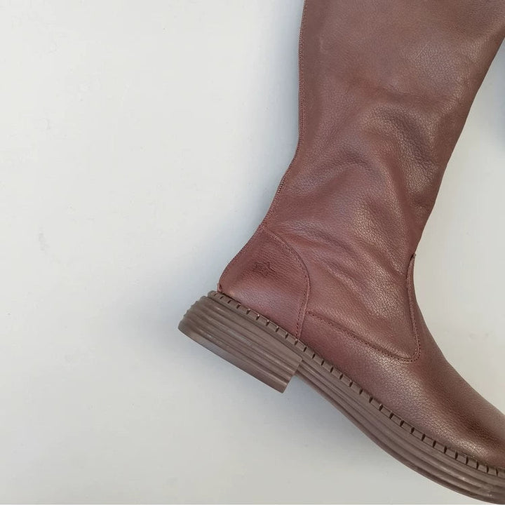 Women's Winter Fleece-lined Wide Toe Box Genuine Leather Knee High Boots British Style Riding Boots