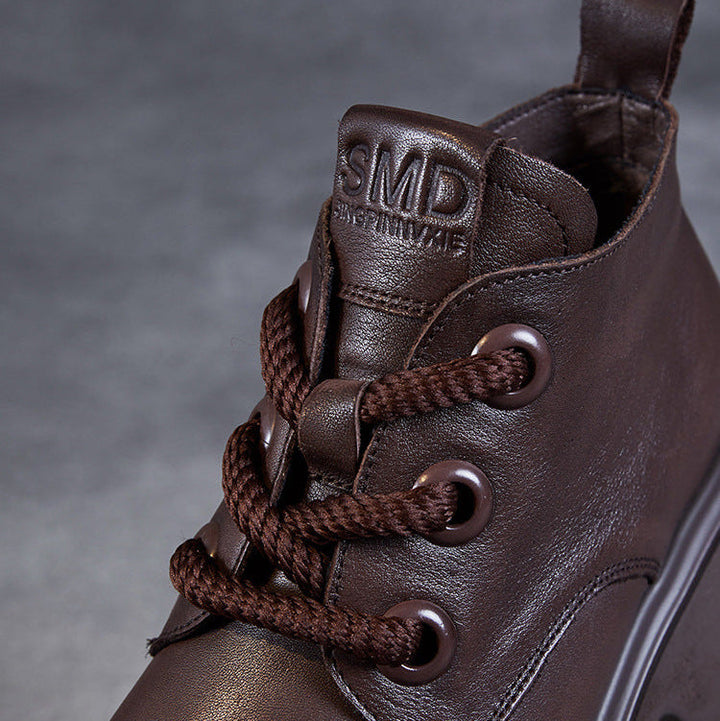Women's Retro Genuine Leather Platform Lace-Up Chunky Boots