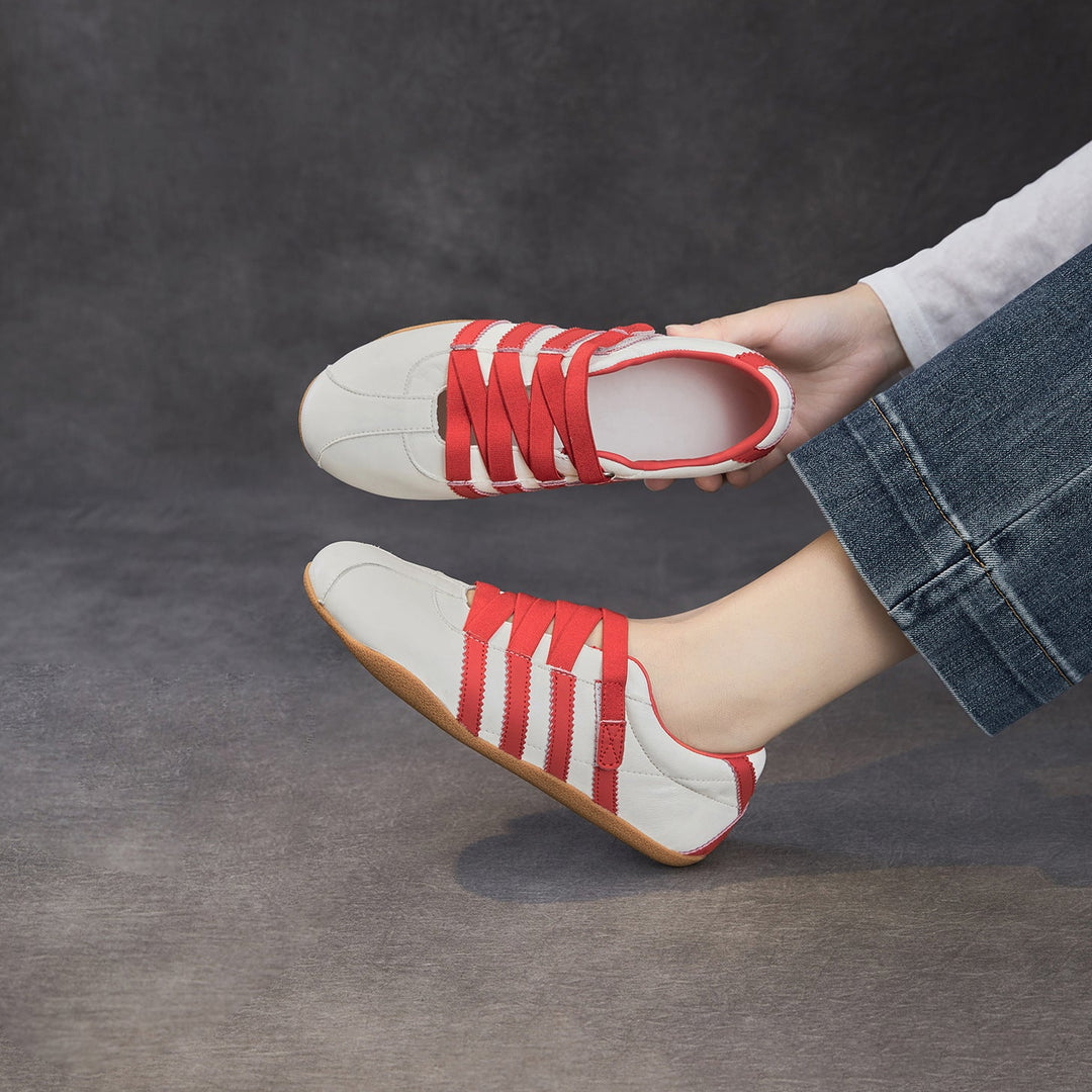 Women's Retro Cowhide Sneakers Vintage Round Toe Strappy Velcro Driving Flats