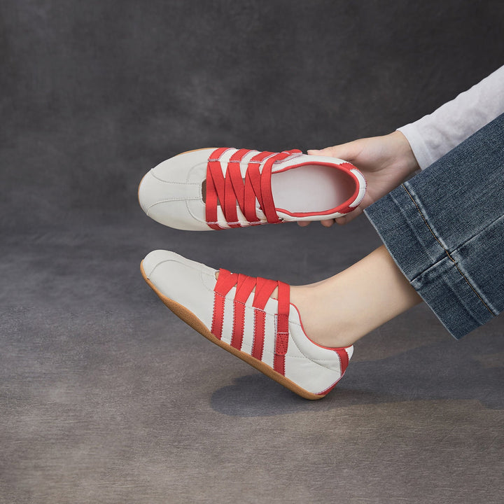 Women's Retro Cowhide Sneakers Vintage Round Toe Strappy Velcro Driving Flats