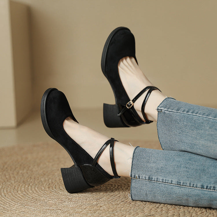 Cross Strap Chunky Heel High Round Toe Mary Jane Women's Shoes