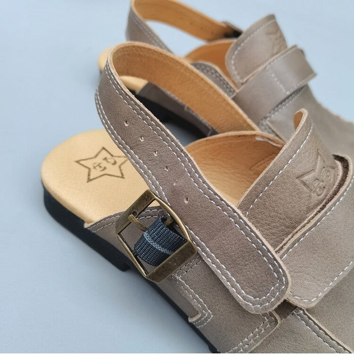 Women's Leather Sandals - Vintage Contrast Stitching Flexible Slip-On Mule Slides with Slingback Strap