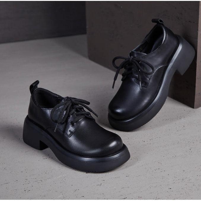 Women's Retro Leather Oxford Shoes Vintage Round Toe Platform Lace-up Chunky Heels