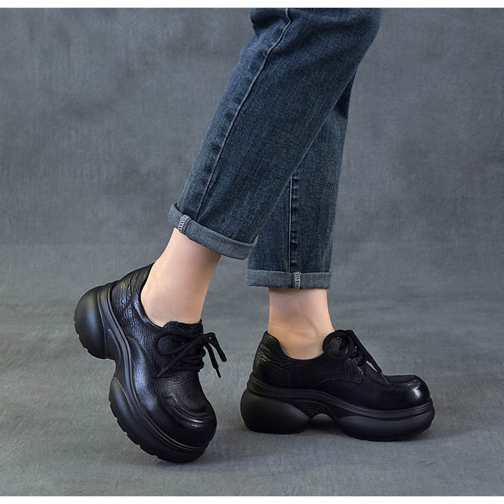 Women's Chunky Platform Oxford Shoes Top-Grain Leather Lace Up Wedge Loafers
