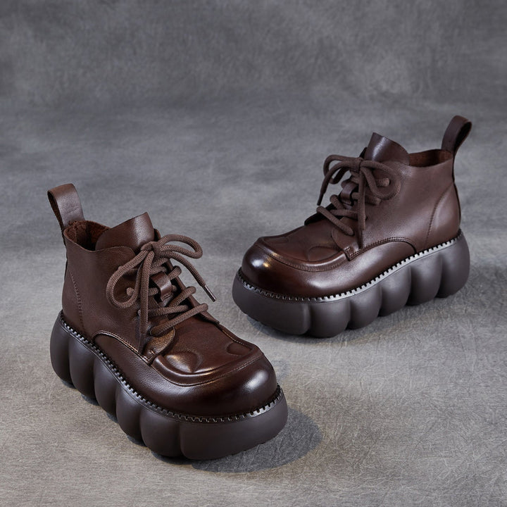 Women’s Retro Round Toe Leather Lace-Up Ankle Boots – Chunky Platform