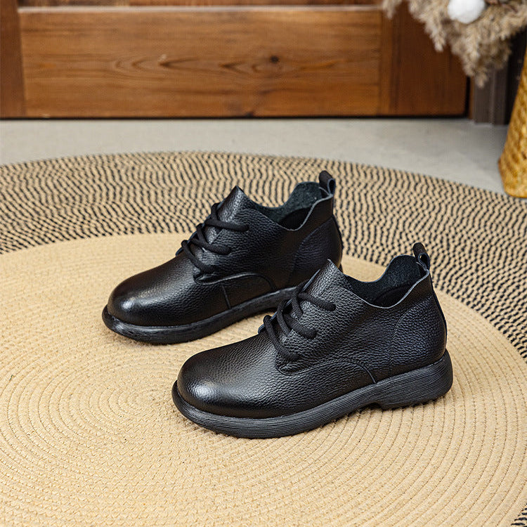 Women's Leather Oxfords - Pebble Grain Textured Round Toe Lace-Up Casual Shoes Comfort Walking Flats