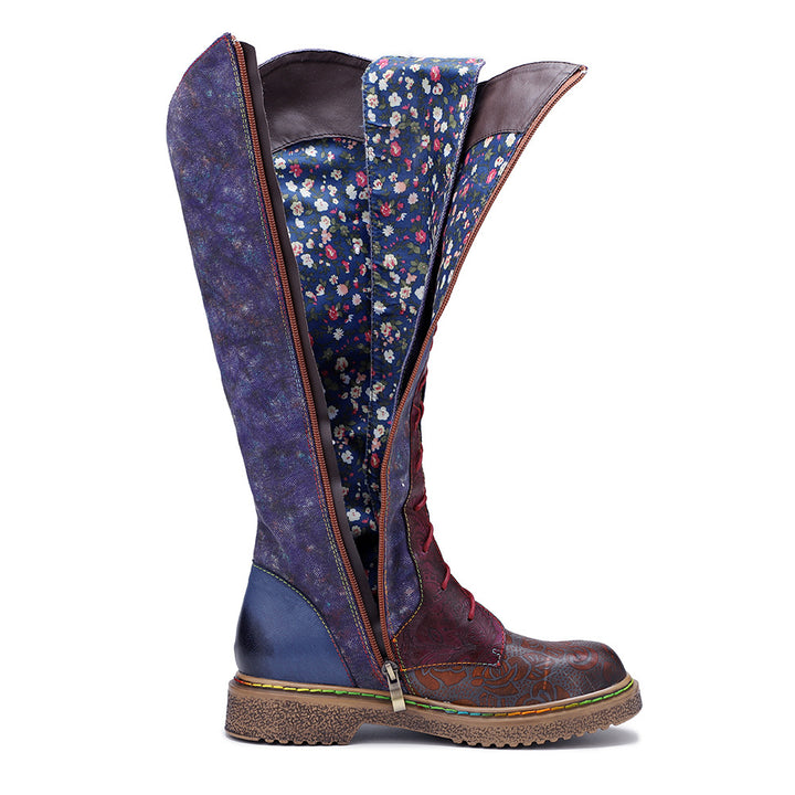 Womens Purple & Burgundy Patchwork Lace-Up Leather Cowboy Boot