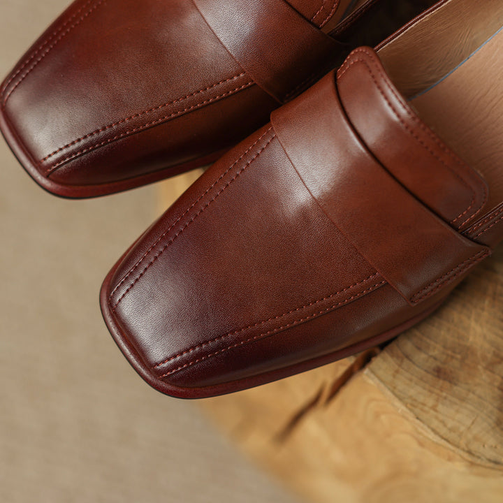 Genuine Leather Handmade Block Heels Slip-on Dress Loafers Women's Shoes