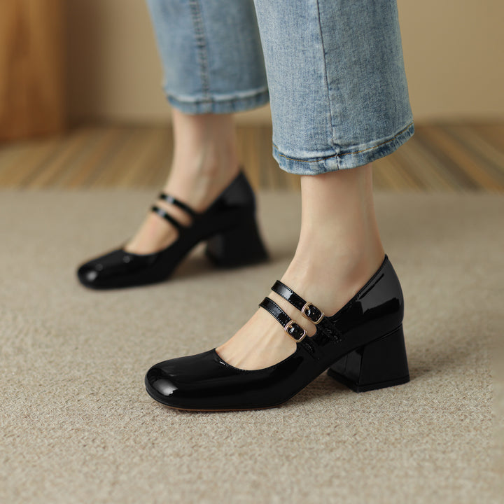 Womens Handmade Leather Square Toe Block Heels Mary Jane Shoes