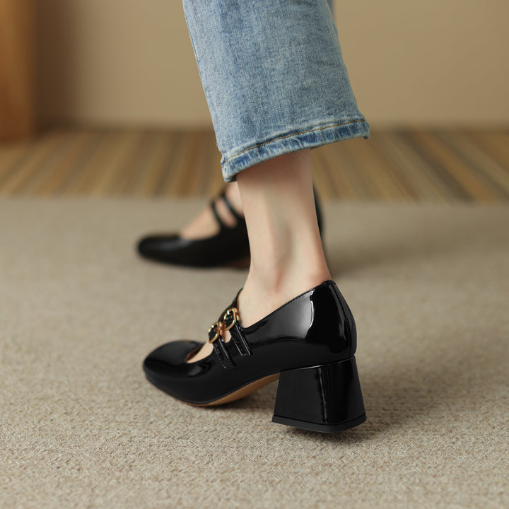 Womens Handmade Leather Square Toe Block Heels Mary Jane Shoes