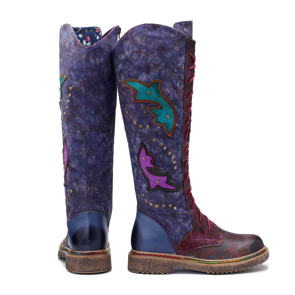 Womens Purple & Burgundy Patchwork Lace-Up Leather Cowboy Boot
