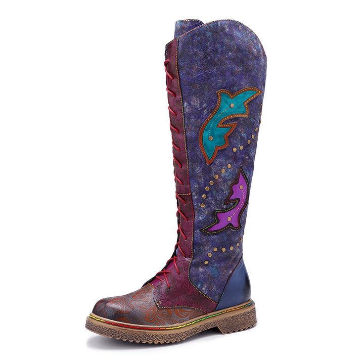 Womens Purple & Burgundy Patchwork Lace-Up Leather Cowboy Boot