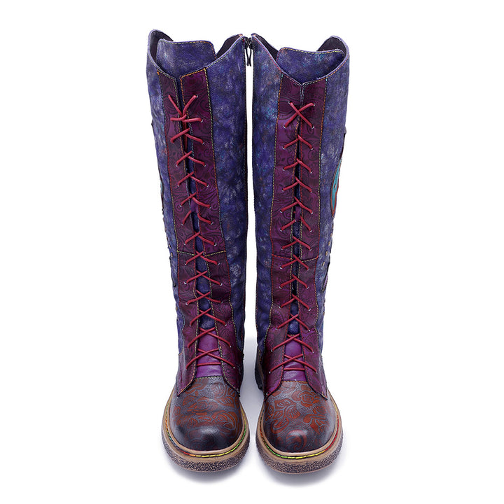 Womens Purple & Burgundy Patchwork Lace-Up Leather Cowboy Boot