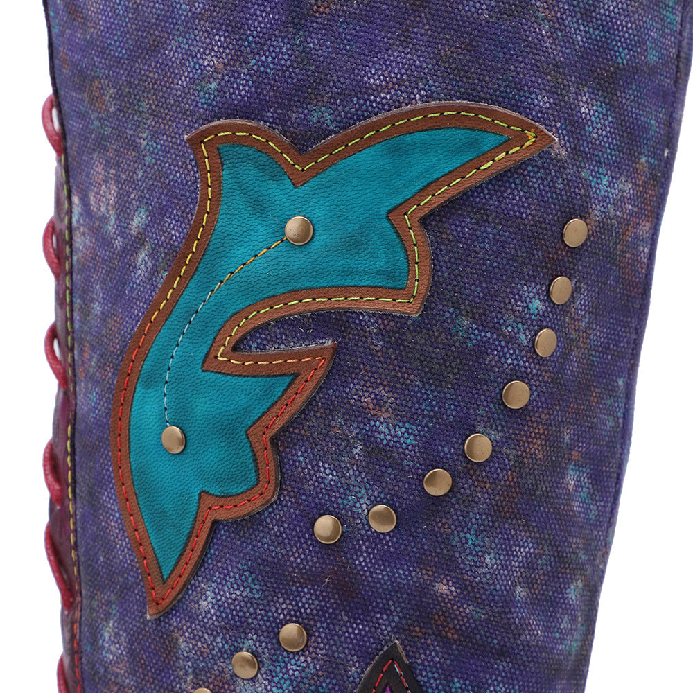 Womens Purple & Burgundy Patchwork Lace-Up Leather Cowboy Boot