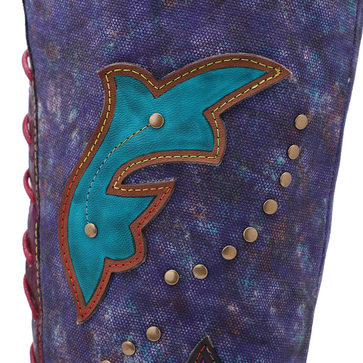 Womens Purple & Burgundy Patchwork Lace-Up Leather Cowboy Boot