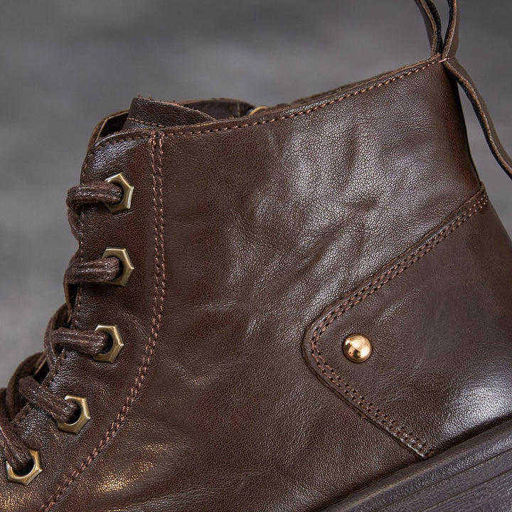 Women's Leather Winter Combat Ankle Boots Soft Lined Lace-up Walking Booties