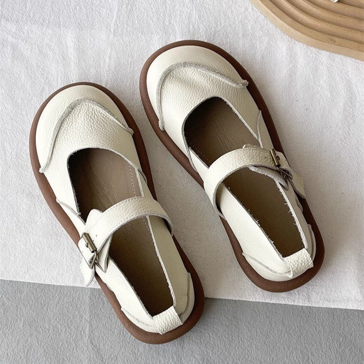 Women's Soft Leather Casual Flat Mary Jane Shoes with Buckle