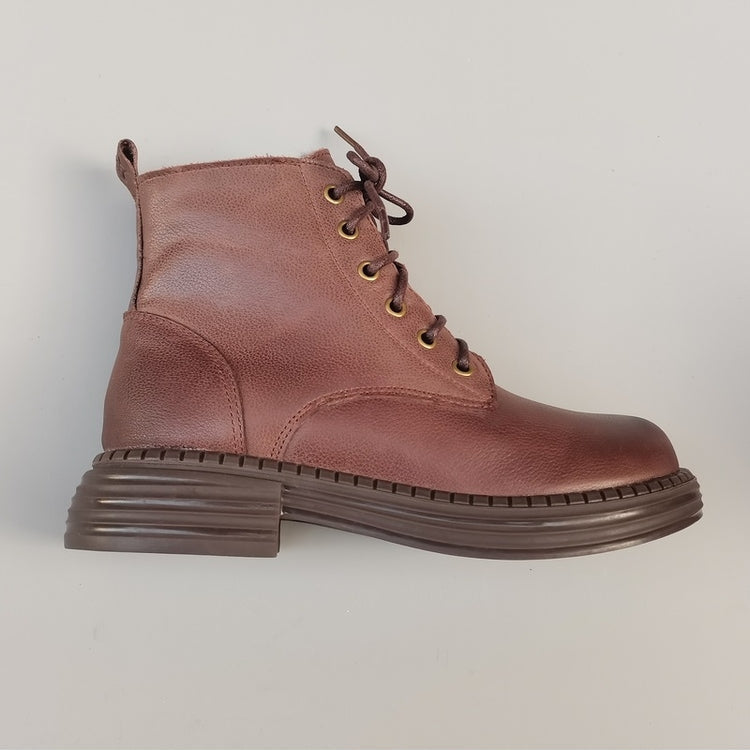 Women's Vintage Wide Toe Leather Shearling Boots – Cozy Winter Ankle Style