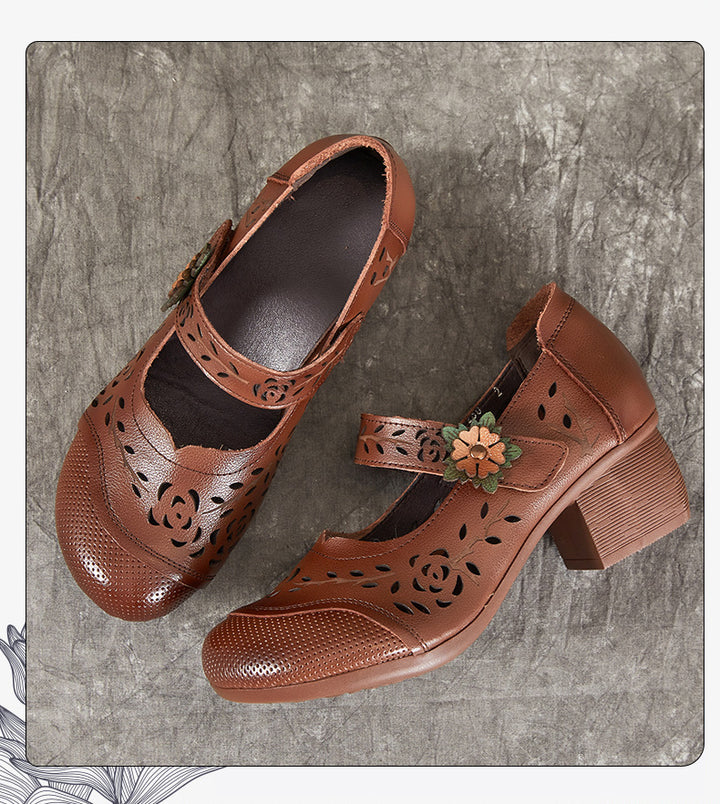 Women's Shoes Retro Summer Leather Sandals Hollowed Out Chunky Heeled