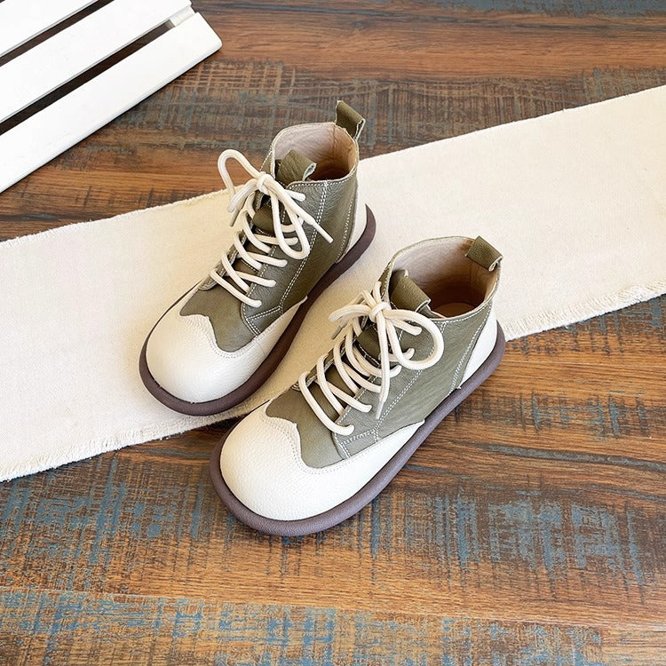Women's Leather Lace-Up Ankle Shoes – Round Toe & Patchwork Design