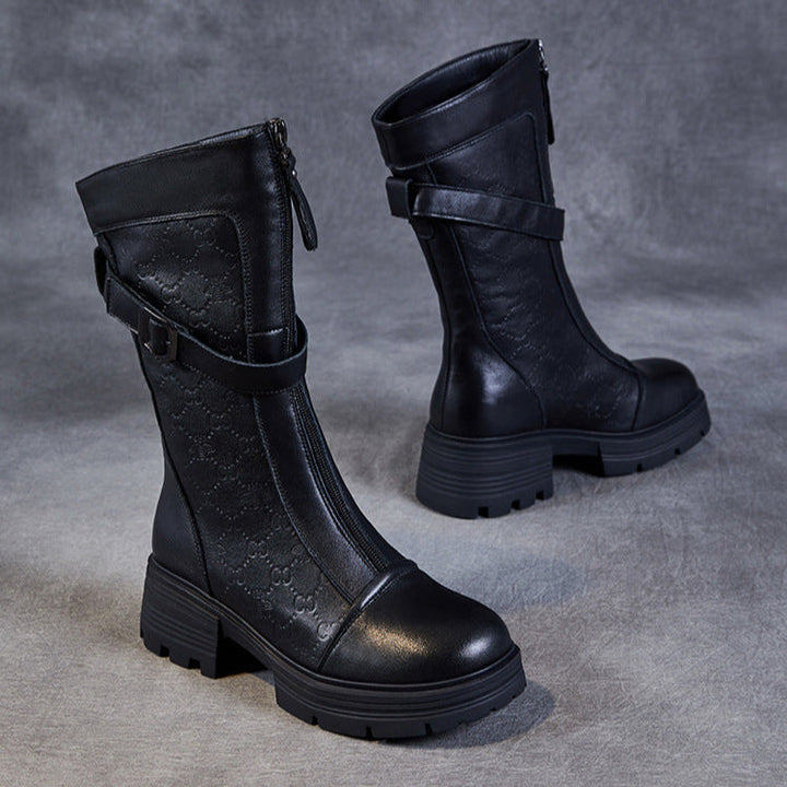 Women's Mid-Calf Embossed Genuine Leather Boots – Buckle Detail Chunky Heel Platform