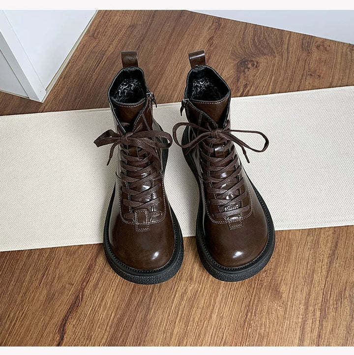 Women's Ankle Boots Lace Up Mid Calf Combat Booties Platform Low Heel