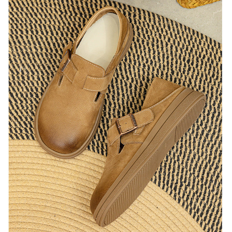 Vintage Leather Loafers - Women’s Round Toe Casual Flats with Adjustable Velcro Strap