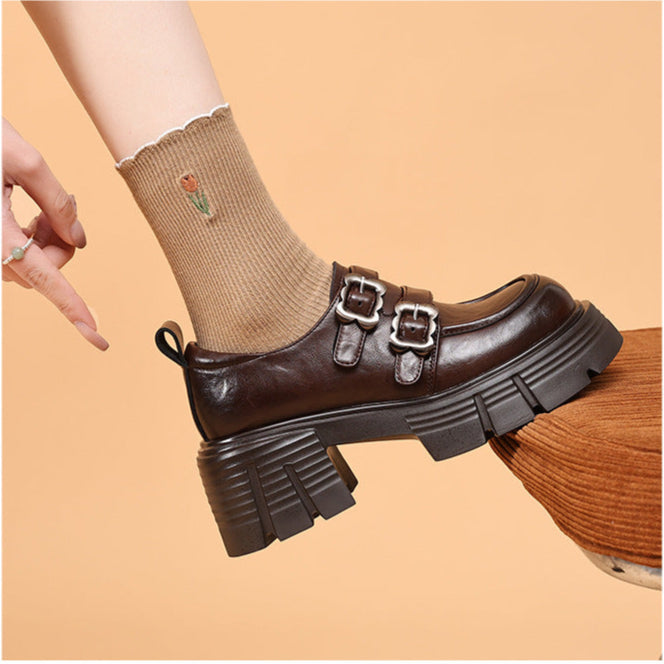 Womens Double-Strap Platform Chunky Heel Loafers