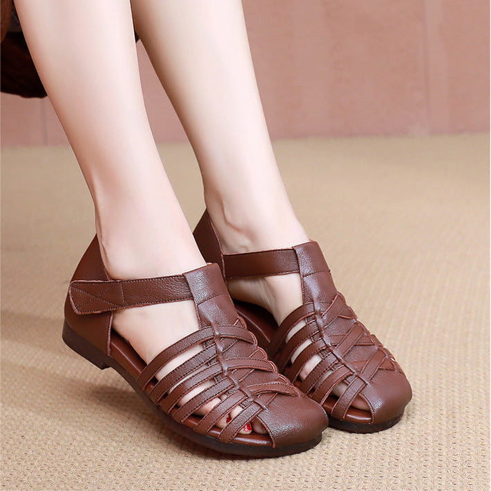 Women's Leather Fisherman Sandals Velcro Woven Summer Hollow-Out Casual Walking Flats