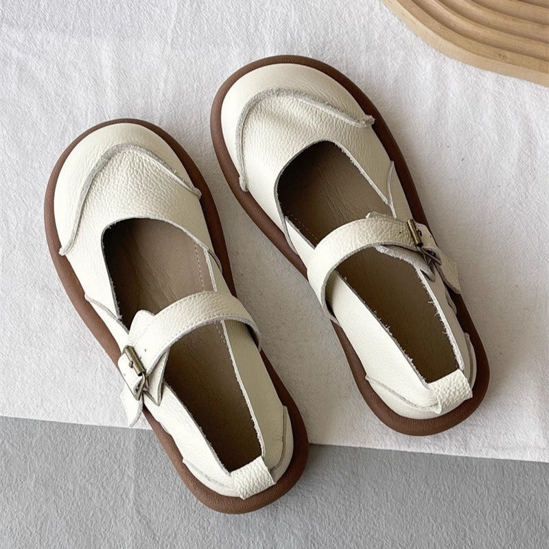 Women's Soft Leather Flat Mary Jane Shoes – Round Toe with Patchwork Design
